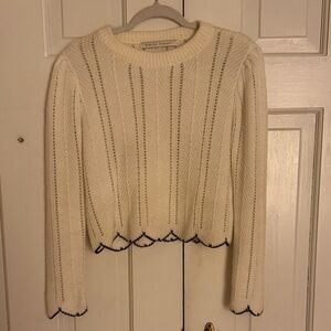 English Factory - Cream Knit Scalloped-Black Trim Crewneck Cropped Sweater